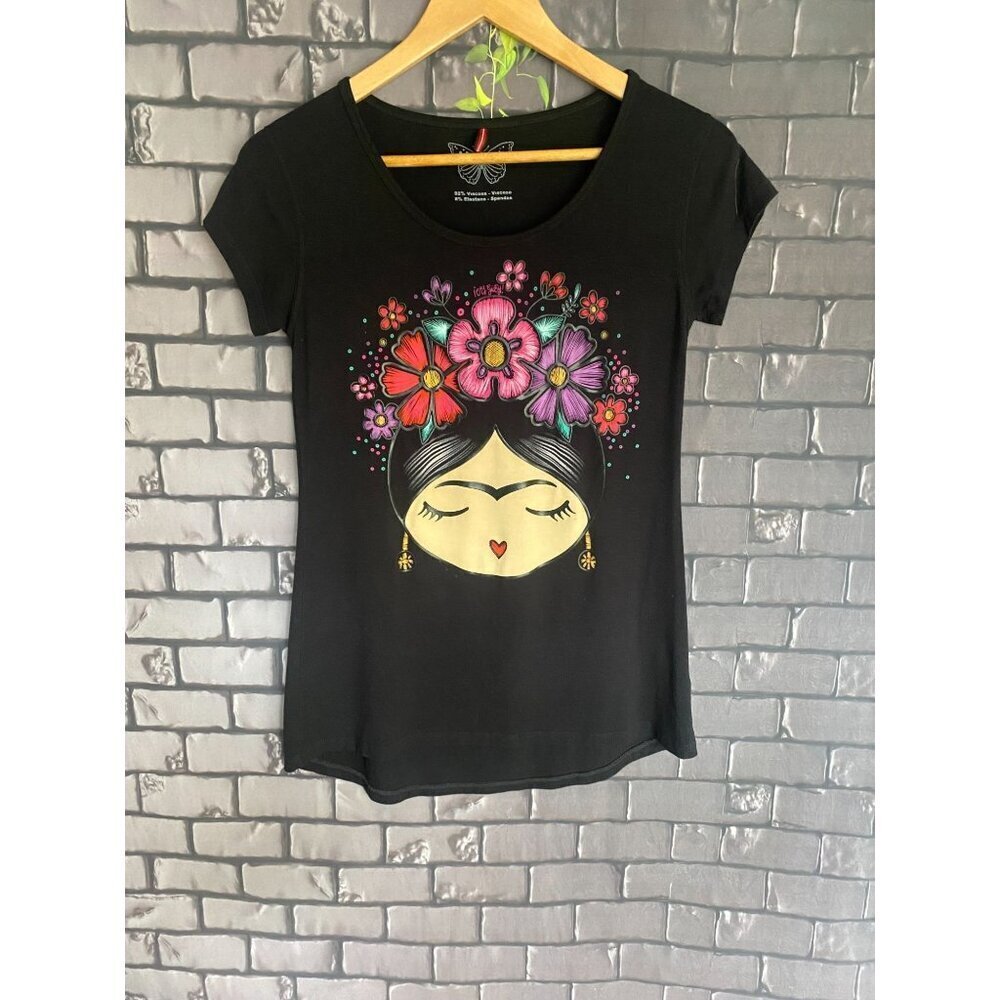 Frida Kahlo Black With Floral Headband Caricature Cap Sleeve Light Weight T-shir